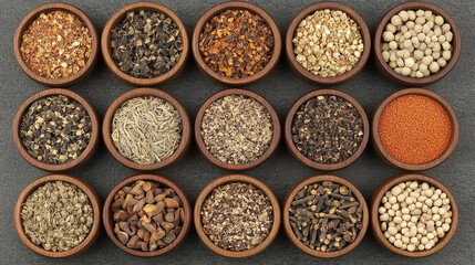 traditional Chinese herbal medicines displayed on a wooden surface. Ingredients include dried roots, leaves, and seeds, symbolizing natural healing, balance, and ancient wisdom