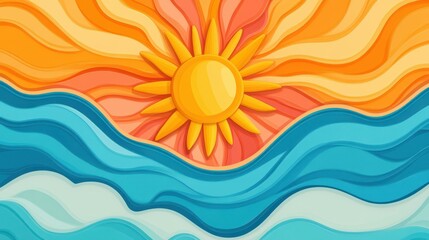 Bright summer sunburst shines in this retro abstract banner, radiating warmth and a groovy vibe for any design project.