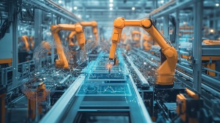 Naklejka premium Overview of a factory using data analytics to optimize production, workers and digital tools in perfect harmony, focus on innovation
