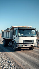 Obraz premium White Dump Truck Driving on a Gravel Road