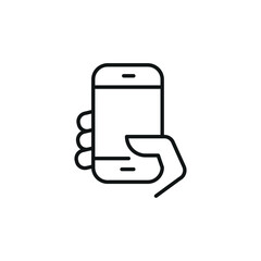 Hand holding smartphone icon in a minimal line art style, representing mobile communication and technology. Perfect for app designs, tech-related projects, communication materials. Vector illustration