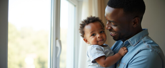Happy Father Holding His Baby Son by the Window