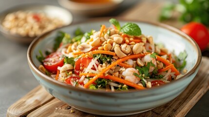 A colorful papaya salad (Som Tum) with shredded green papaya, carrots, and tomatoes.