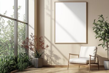 Poster Frame in Beige minimalist living room interior created with generative AI