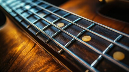 Obraz premium A close-up of the frets and strings of a bass guitar, emphasizing the differences and similarities with standard guitars