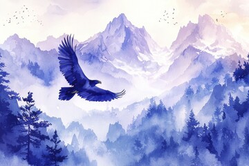 Eagle soaring over misty mountain landscape at dawn