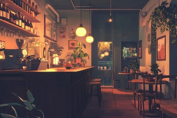 Obraz premium Retro café with comfortable seating and cozy, soft lighting that creates a warm, welcoming atmosphere. Cozy vibe, Generative AI