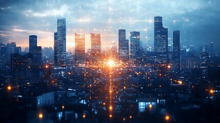 Obraz premium A central glowing communication hub linking people from different continents through bright digital lines, with a futuristic cityscape in the background, soft ambient lighting, high-tech design,