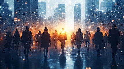 Obraz premium A central glowing digital node with people from various cultures converging towards it, each person connected by radiant lines of energy, with a dark, high-tech backdrop of swirling lights,