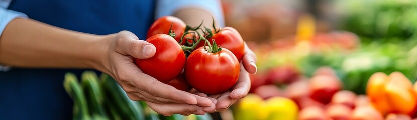 Hands Holding Tomatoes at Organic Market Stall with Blue Apron