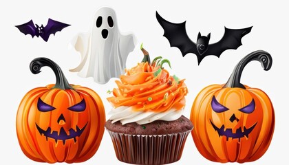 Naklejka premium A cute illustration of Halloween-themed pumpkin cupcakes and cakes with spooky decorations like ghosts, bats, and black cats, perfect for a fun and sweet holiday celebration