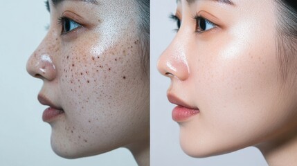 Obraz premium Photos of Asian, Korean, and Japanese women's faces showing their problematic and clean faces without blemishes, before and after photos for advertisements for skin care products and cosmetics.