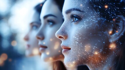 A composition of close-up faces representing various cultures, overlaid with a glowing network of digital lines, symbolizing connection, soft focus on faces, dark background, hd quality.