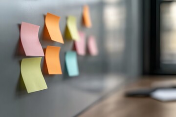 Colorful sticky notes attached to a glossy board, captured in a blurred office setting, emphasizing productivity and organization.