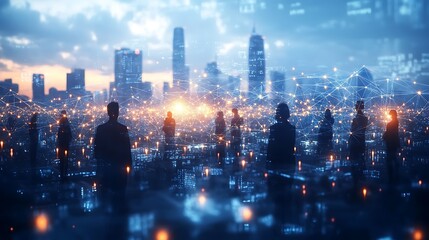 Obraz premium A digital global village illuminated by glowing communication lines, with diverse people from various countries connected in a web of light, set against a dark,