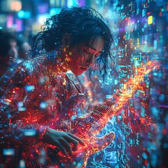 A cybernetic street musician playing a futuristic instrument, surrounded by a crowd of augmented reality spectators. The musician is bathed in colorful holographic projections and surrounded 