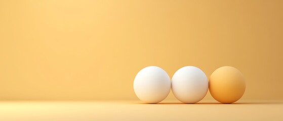 Fototapeta premium Three balls on a yellow background, with two being white and one orange, showcasing minimalistic and modern design in a balanced composition.