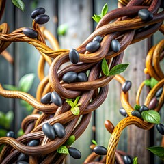 A captivating 3D illustration of a chocolate vine intricately intertwined with dark chocolate beans and vibrant green leaves.