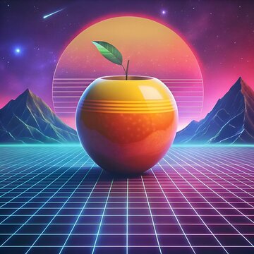 A vibrant 3D illustration of a mabolo fruit set against a retro 80s inspired landscape with a glowing sunset and a gridded futuristic ground.