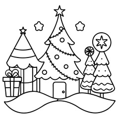 christmas tree with snowman and gifts line art vector svg