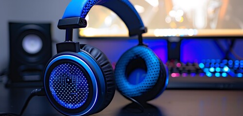 Close-up of RGB headset with blue lights, elegant gaming setup