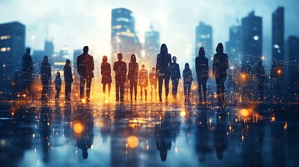 A global bridge made of light and digital elements, with diverse people standing at different points, connected by bright lines symbolizing communication, with a dark,