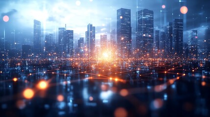 Fototapeta premium A global business network connecting multinational professionals through a complex web of glowing digital lines, set in a futuristic office environment with a dark,