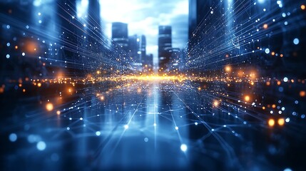 Fototapeta premium A global business network connecting multinational professionals through a complex web of glowing digital lines, set in a futuristic office environment with a dark,