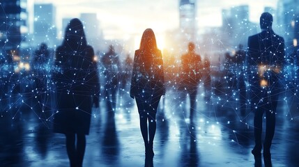 A global network of businesspeople connected by complex digital pathways, with holographic screens showing real-time data, set in a modern, tech-inspired office environment, dark background,