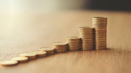 Stacks of coins increasing in height on a wooden surface, representing financial growth, savings, and economic success.