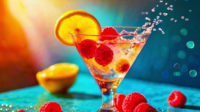 Vibrant Cocktail with Fresh Raspberries and Lemon Slice in a Colorful Atmosphere