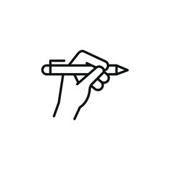 Hand holding pencil icon in a minimal line art style, representing writing, drawing, and creativity. Ideal for educational materials, art-related designs, and stationary branding. Vector illustration