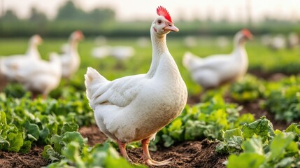 Fototapeta premium Serene image of an organic poultry farm with ducks swimming peacefully in a pond showcasing the beauty and sustainability of multi species farming practices in a lush rural landscape