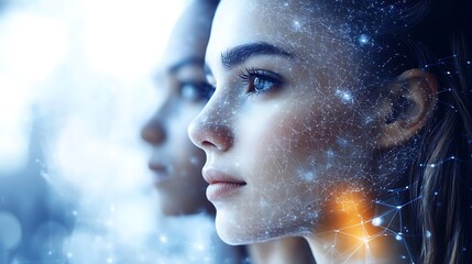 Diverse faces from different ethnic backgrounds, interconnected by a bright digital web of light, with deep shadows and vivid contrasts, creating a sense of global unity, sharp details.