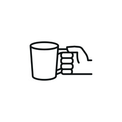 Hand holding coffee mug icon in a minimal line art style, ideal for representing beverages like coffee or tea. Perfect for food and drink-related designs, cafe branding. Vector illustration