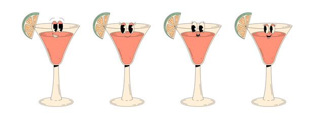 Set retro groovy characters summer cocktail. Funky alcohol beverage cosmopolitan with different emotions. Vintage vector illustration 70s, 80s style