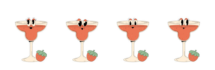Set retro groovy characters summer cocktail. Funky alcohol beverage strawberry margarita with different emotions. Vintage vector illustration 70s, 80s style