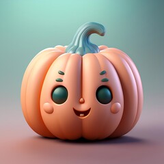 A cartoon pumpkin with a green stem and a smiling face