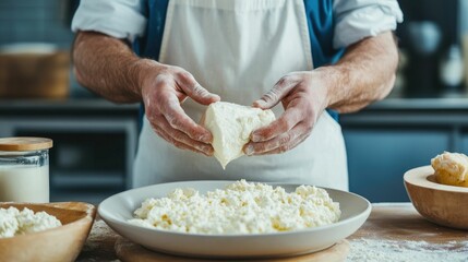 Farmer carefully crafting organic cheese in a cozy farm kitchen part of sustainable farm to table dairy production and processing  High artisan cheese making with traditional tools and equipment