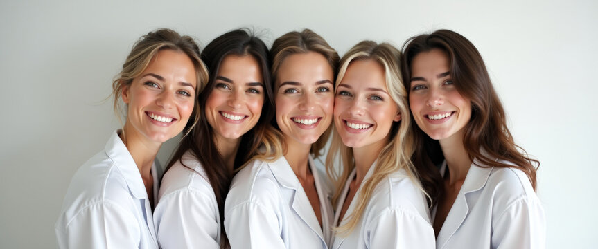 Happy group of young women in white shirts