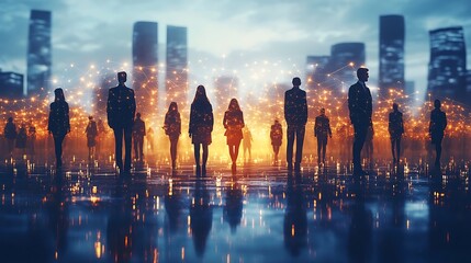 Diverse people from different continents standing on a digital grid, each connected by radiant lines of light, symbolizing global collaboration, set in a high-tech environment with a dark background,
