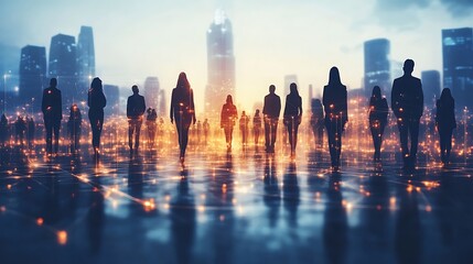 Diverse people from different continents standing on a digital grid, each connected by radiant lines of light, symbolizing global collaboration, set in a high-tech environment with a dark background,
