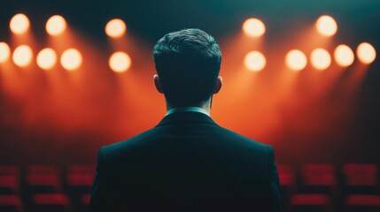 Presenter on a stage dramatically announcing the winner during an important awards ceremony with a deep depth of field highlighting the moment of anticipation and