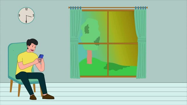 Animated illustration of a person who is busy playing on his cellphone with social media until he spends all day, addicted to gadgets and forgets the time. 4k resolution
