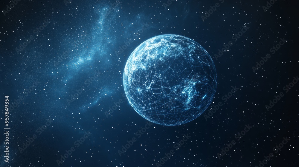 Wall mural abstract image of a planet in space in the form of a starry sky or space, consisting of points, line