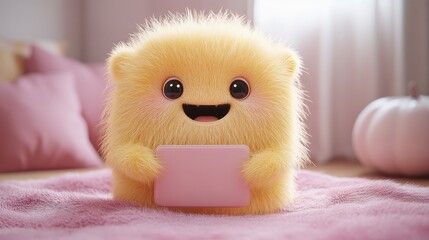 Fototapeta premium 3D render of a hairy yellow beast cartoon character walking or dancing on a pink background. Fluffy plush toy man in a Halloween mascot costume of a furry monster.