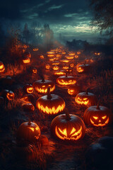 Fototapeta premium Halloween festival scene with giant carved pumpkins creating a maze-like pathway