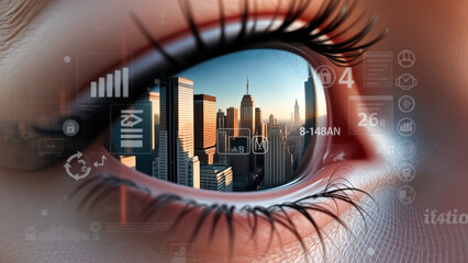 Human eye looking at a city with digital interface