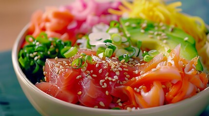 A unique presentation of a poke bowl, with ingredients like fresh fish, avocado, and vegetables arranged in a gradient color scheme, creating a visually striking and appetizing dish. 8k UHD, 