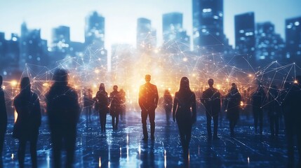 Multinational individuals linked to a central, glowing communication hub, with each person connected by radiant lines, against a backdrop of digital networks and glowing orbs, hd quality.